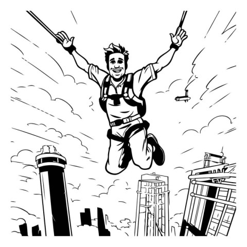 Vector illustration of a man jumping over the city. Black and wh