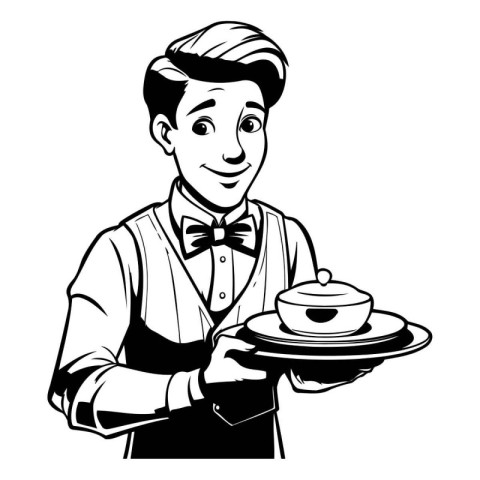 Vector illustration of a waiter holding a tray with a plate of f