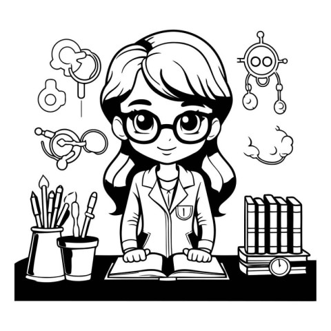 Cute little girl in science class. black and white vector illust