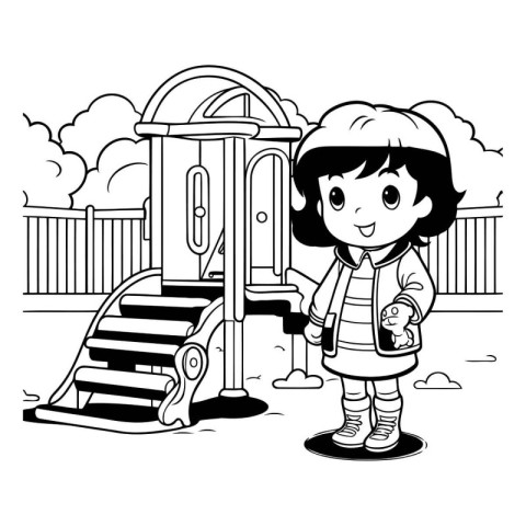 Girl playing on the playground. black and white. vector illustra