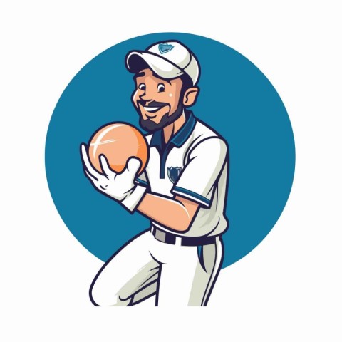 Cartoon illustration of a cricket player holding ball set inside