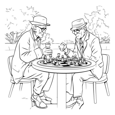 Two elderly men playing chess in the park. Black and white vecto