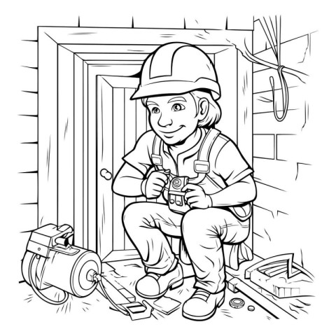 Black and White Cartoon Illustration of Construction Worker or R