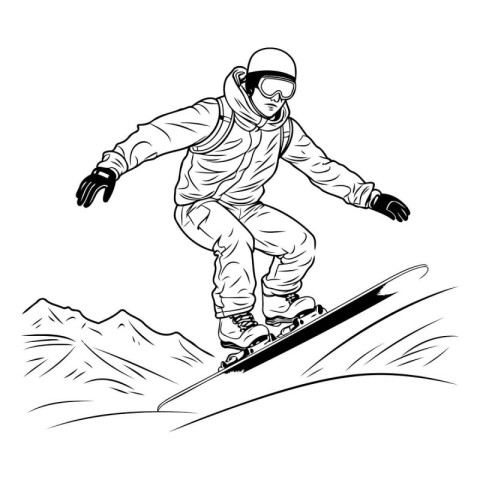 Snowboarder jumping in the mountains. Monochrome vector illustra