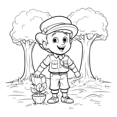 Coloring Page Outline Of a Boy Scout in the Forest.