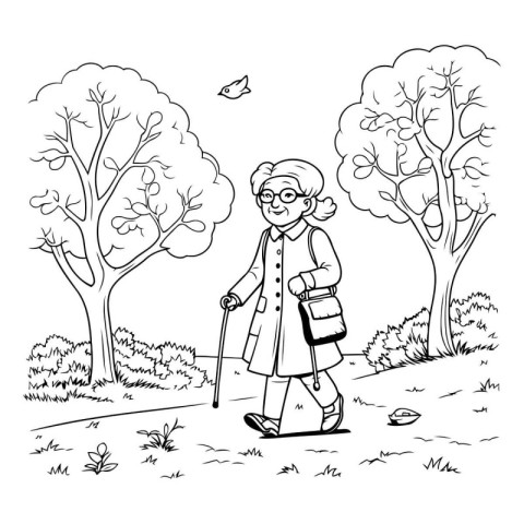 Elderly woman walking in the park. Hand drawn vector illustratio