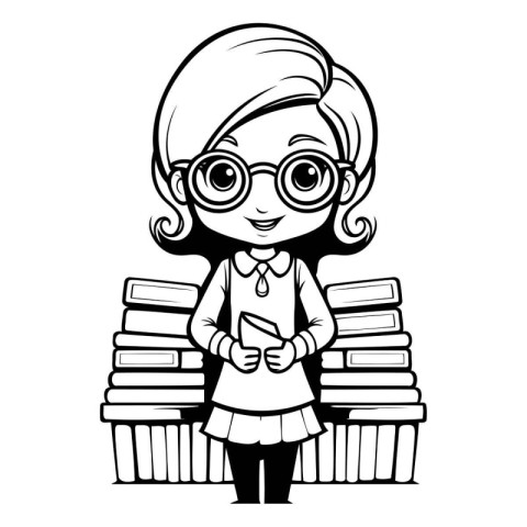 Cute Girl Student with Books - Black and White Cartoon Illustrat