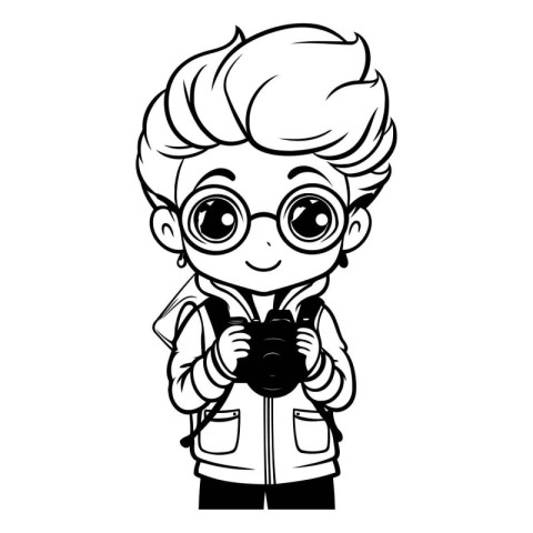 Cute boy photographer with camera - black and white vector illus