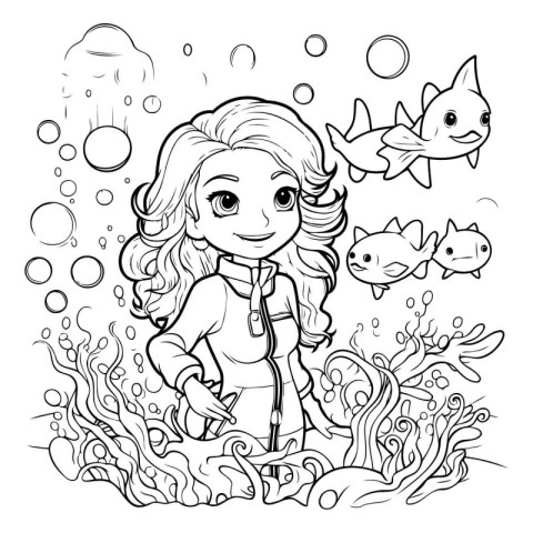 Coloring Page Outline Of a Cute Little Girl Underwater