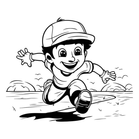 Cartoon boy running on the beach. Black and white vector illustr