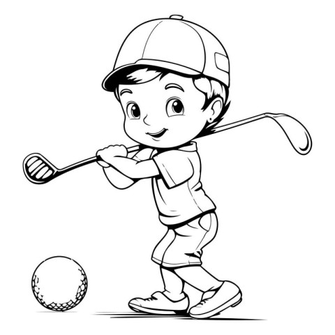 Illustration of a Little Boy Playing Golf - Black and White Cart