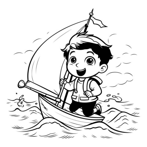 Boy sailing on a boat. Black and white vector illustration for c