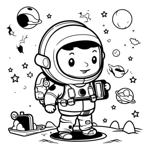 Cartoon astronaut in space. Black and white vector illustration