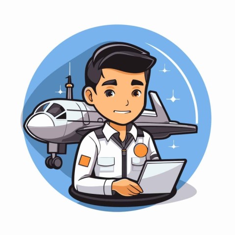 Pilot with laptop and airplane cartoon icon vector illustration