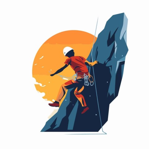 Male rock climber climbing on a cliff. Vector illustration in fl