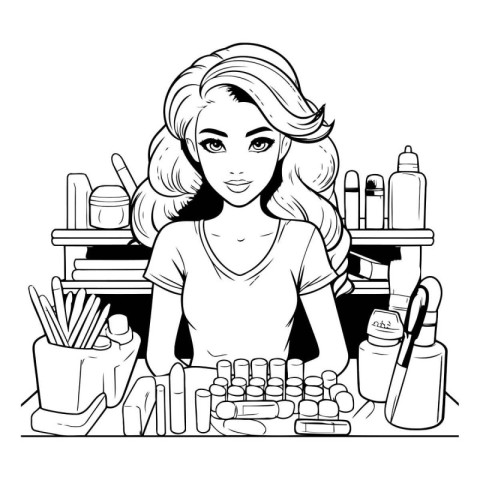 Beautiful woman with cosmetics in her hand. Vector illustration