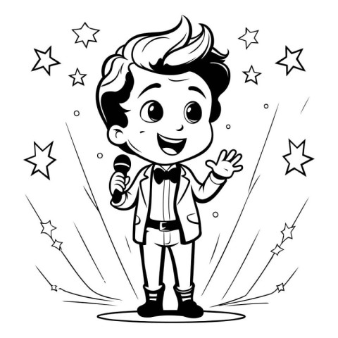 Black and White Cartoon Illustration of a Kid Boy Singing and Wa