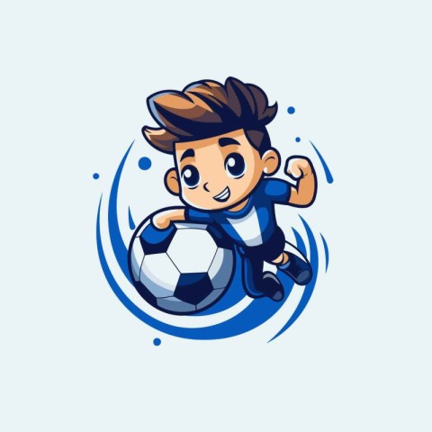 Cute boy playing soccer cartoon mascot vector illustration. Idea