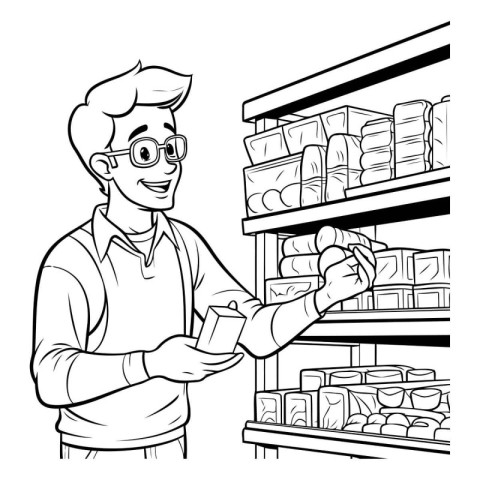 Cartoon illustration of a man shopping in a grocery store or sup