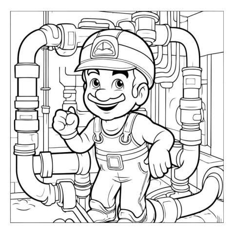 Black and White Cartoon Illustration of Cute Plumber or Fireman