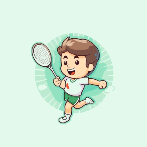 Little boy playing badminton cartoon vector illustration. Kids s