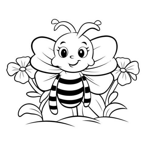 Black and White Cartoon Illustration of Cute Bee Character with