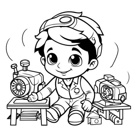 Black and White Cartoon Illustration of Kid Boy or Kid Wearing P