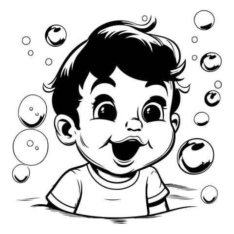 Cute cartoon boy with soap bubbles. Vector illustration in black