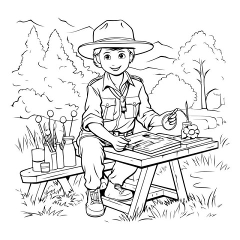 Outdoor coloring page of a boy scout sitting on a bench and writ