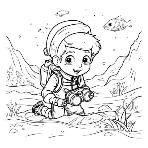 Cute little boy with a camera. Coloring book for children.