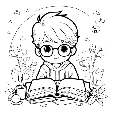 Cute boy reading a book. Vector illustration for coloring book.