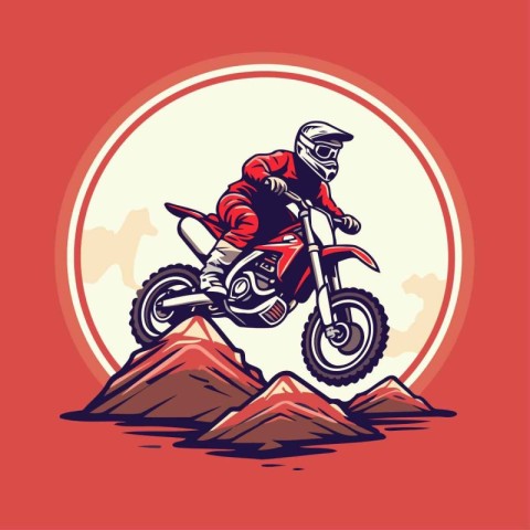 Motocross rider on a mountain. Vector illustration in retro styl