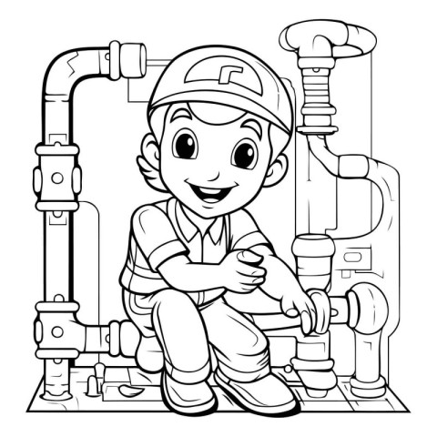 Black and White Cartoon Illustration of Kid Repairman or Plumber