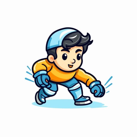 Cartoon boy playing ice hockey. Vector illustration isolated on