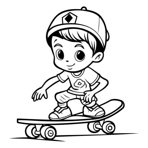 Cute Boy Skateboarding - Black and White Cartoon Illustration. V