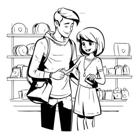 Black and white illustration of a father and daughter shopping i