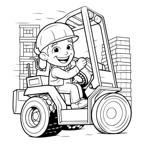 Cartoon boy driving a forklift. Vector illustration for coloring