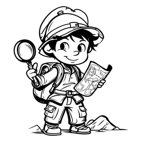 Cartoon explorer boy with map and magnifier. Vector illustration