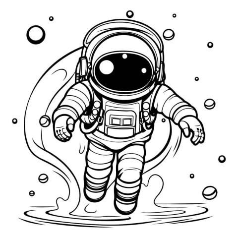 Astronaut in the water. black and white vector illustration.