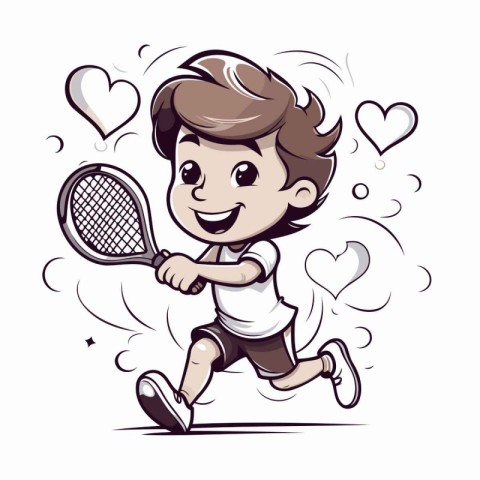 Cartoon boy playing tennis with a racket. Vector illustration on