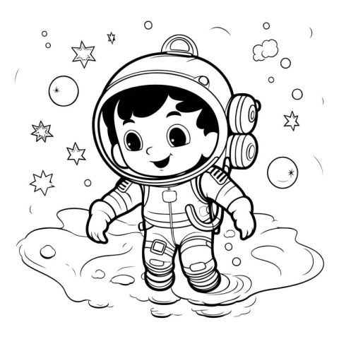 Cute cartoon astronaut in space. Black and white vector illustra