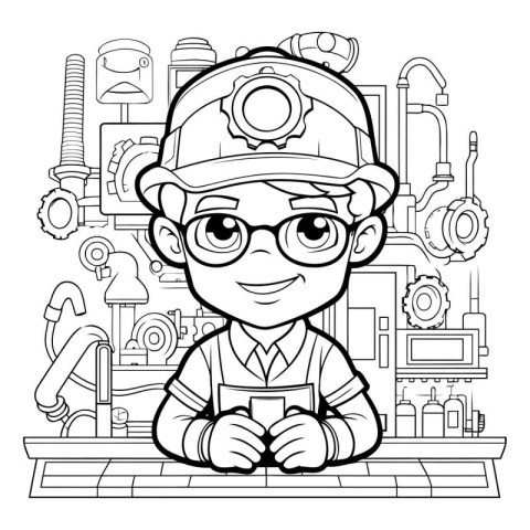 Black and White Cartoon Illustration of Industrial Worker or Eng