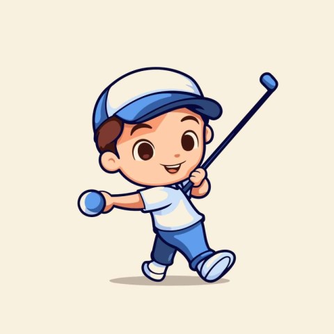 Little boy playing golf. Cute cartoon character. Vector illustra