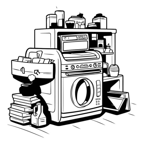 Laundry service. Black and white vector illustration of washing