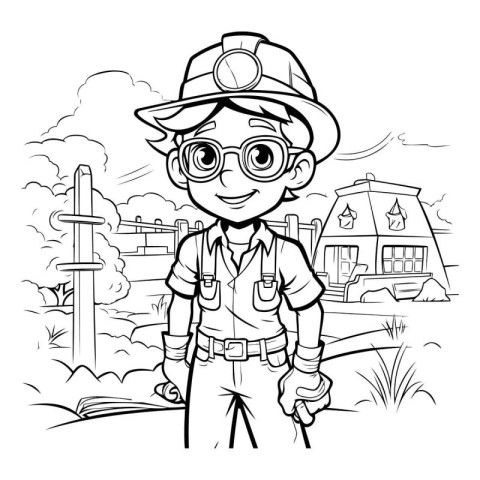 Black and White Cartoon Illustration of Boy firefighter or Firem