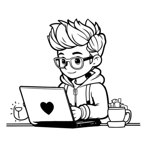 Boy with glasses working on a laptop and drinking coffee. Vector