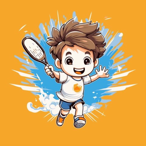 Vector illustration of a boy playing badminton on a yellow backg