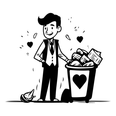 Vector illustration of a man throwing garbage into the trash can