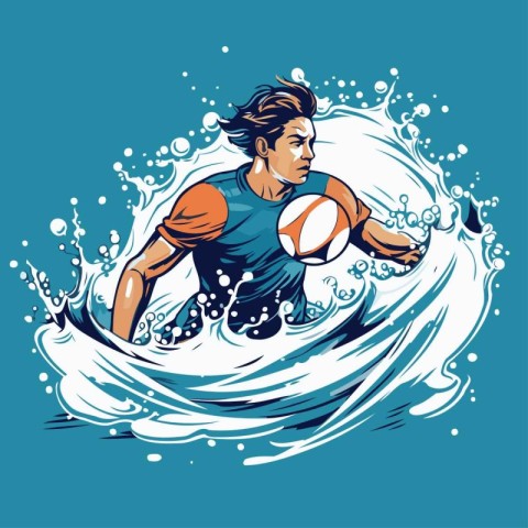 Surfer with a ball on a wave. Vector illustration in retro style