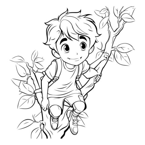 Outline of a boy climbing a tree. Vector illustration for colori